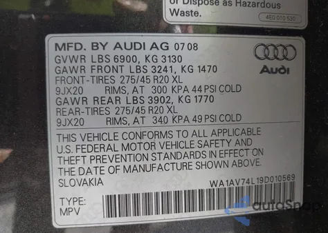 2009 Audi Q7 4.2 Prestige from USA, damaged, VIN WA1AV74L19D010569